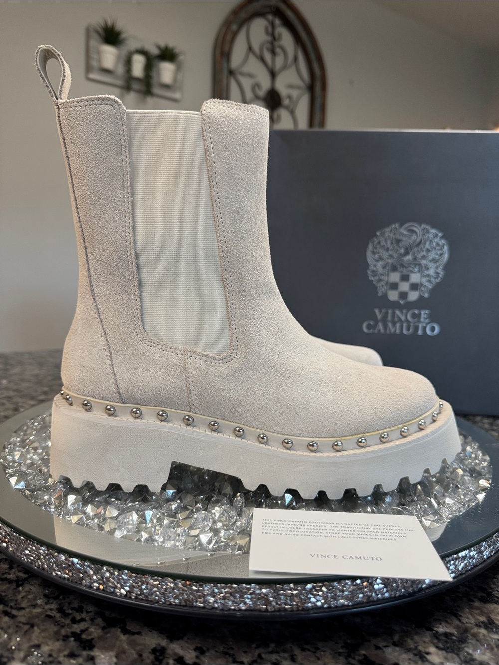 Vince Camuto Meendy Cream Suede Studded Platform Chelsea Boots NEW 6